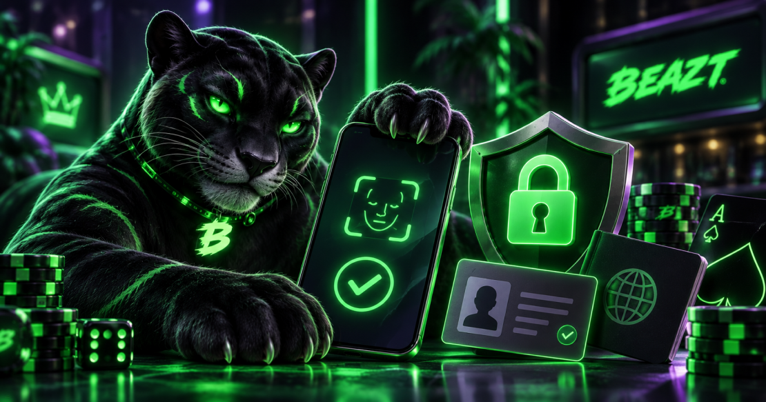 Beazt Casino - turvallinen kirjautuminen ja KYC-tunnistautuminen mobiilissa neonvihreässä tyylissä.